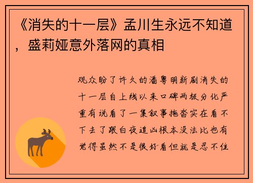 《消失的十一层》孟川生永远不知道，盛莉娅意外落网的真相