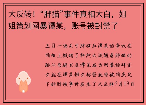 大反转！“胖猫”事件真相大白，姐姐策划网暴谭某，账号被封禁了