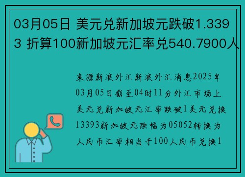 03月05日 美元兑新加坡元跌破1.3393 折算100新加坡元汇率兑540.7900人民币