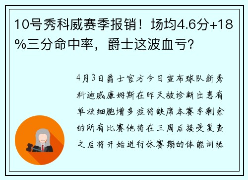 10号秀科威赛季报销！场均4.6分+18%三分命中率，爵士这波血亏？