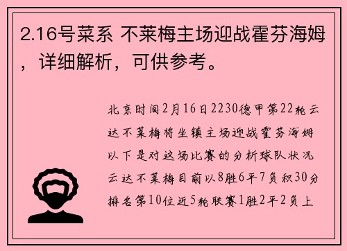 2.16号菜系 不莱梅主场迎战霍芬海姆，详细解析，可供参考。