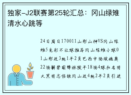 独家-J2联赛第25轮汇总：冈山绿雉 清水心跳等