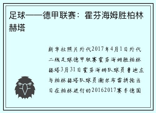 足球——德甲联赛：霍芬海姆胜柏林赫塔