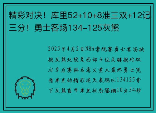 精彩对决！库里52+10+8准三双+12记三分！勇士客场134-125灰熊